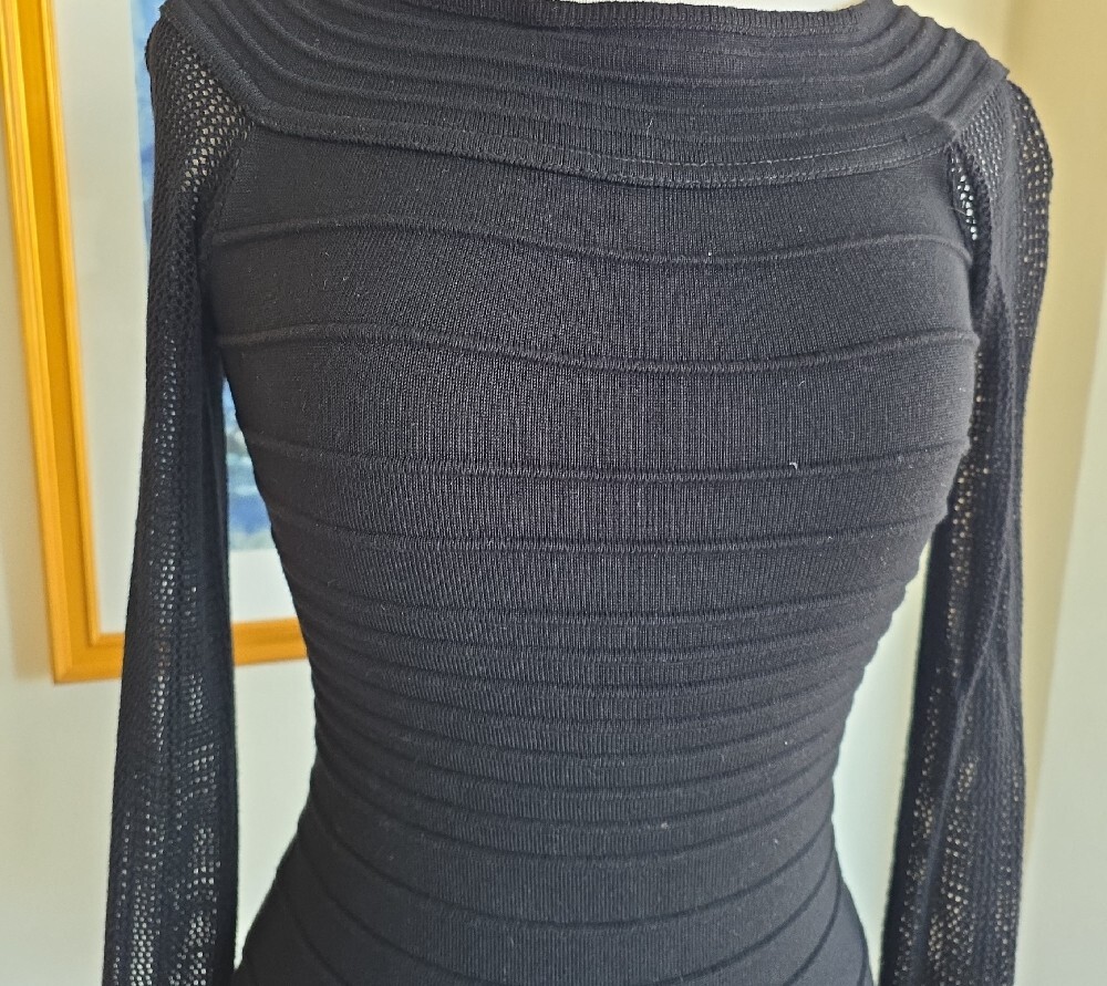 💙Forever 21 Black Long-Sleeve Ribbed Sheer-Sleeve Bodycon Dress - Picture 4 of 13